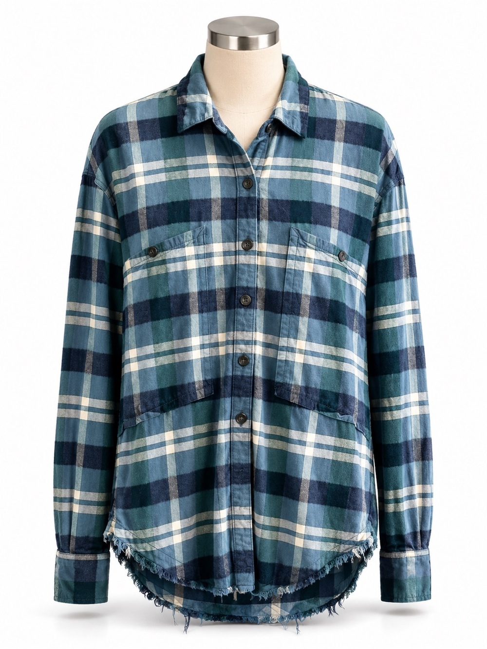 Free People Blue Plaid‎ Frayed Hem Button Front Shirt Small